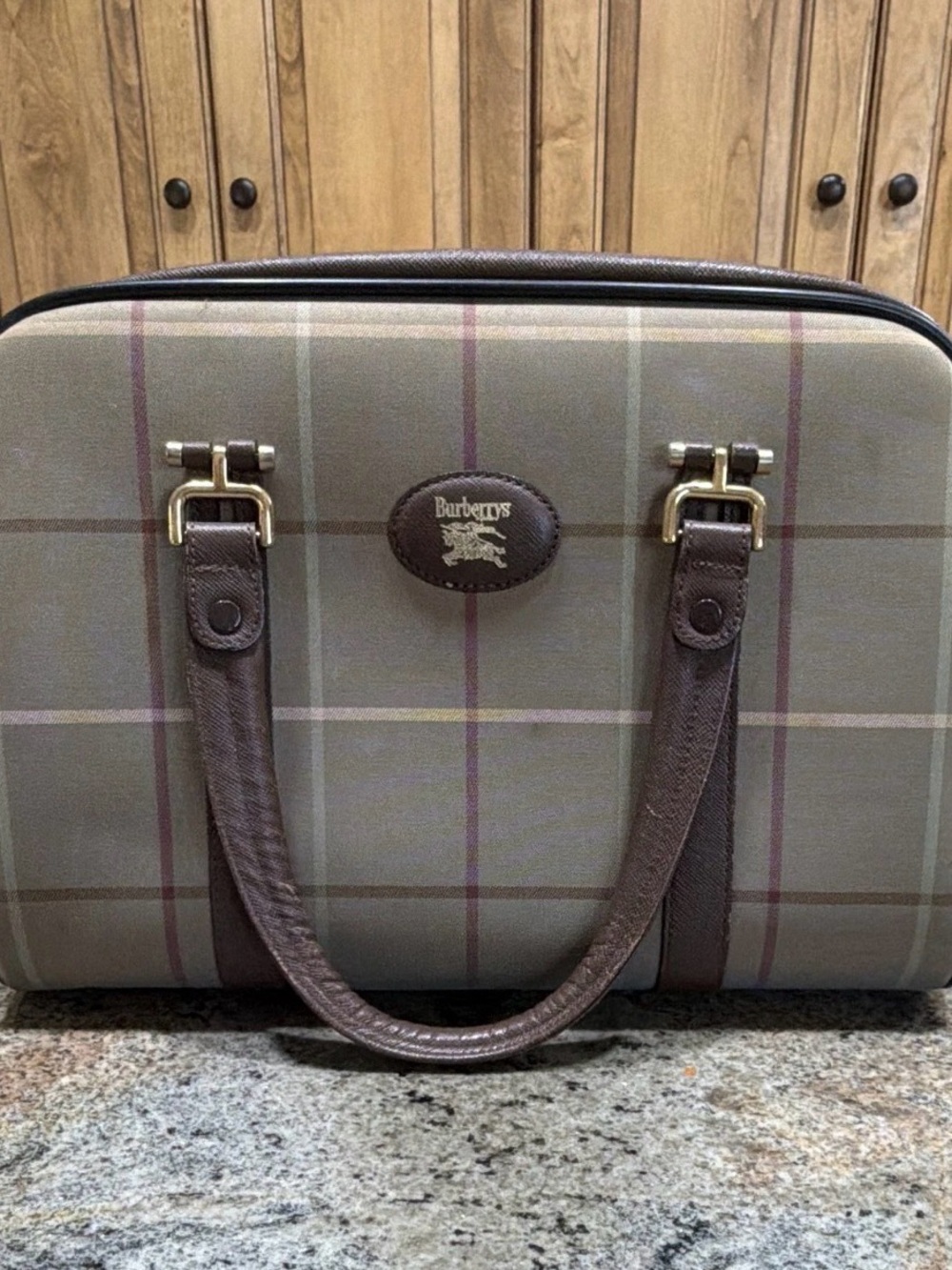 Burberry Beige Plaid Bag with Brown Leather Trim